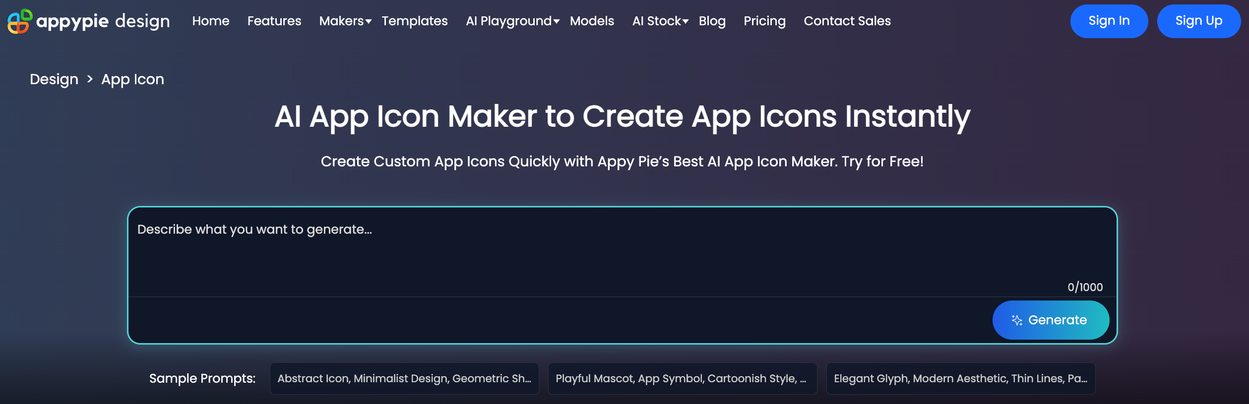 Appy Pie AI App Icon Maker interface with input prompt field and sample icon style tags for quick custom icon generation.