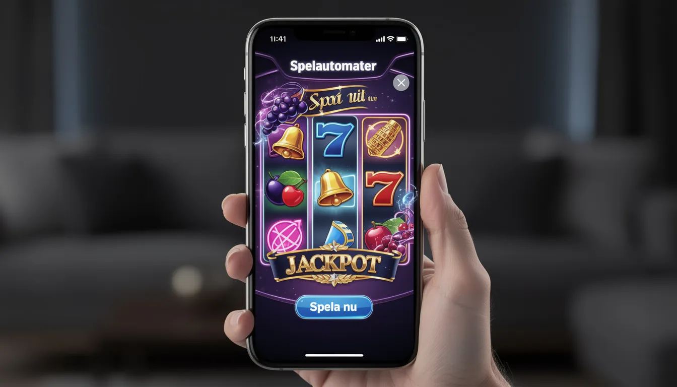 En smartphone visar ett modernt casino-gränssnitt med spelautomater, där användaren kan navigera bland olika spel och ta del av bonusar hos Swiper Casino. Gränssnittet inkluderar alternativ för insättningar och uttag samt möjlighet att spela ansvarsfullt i live casinot.