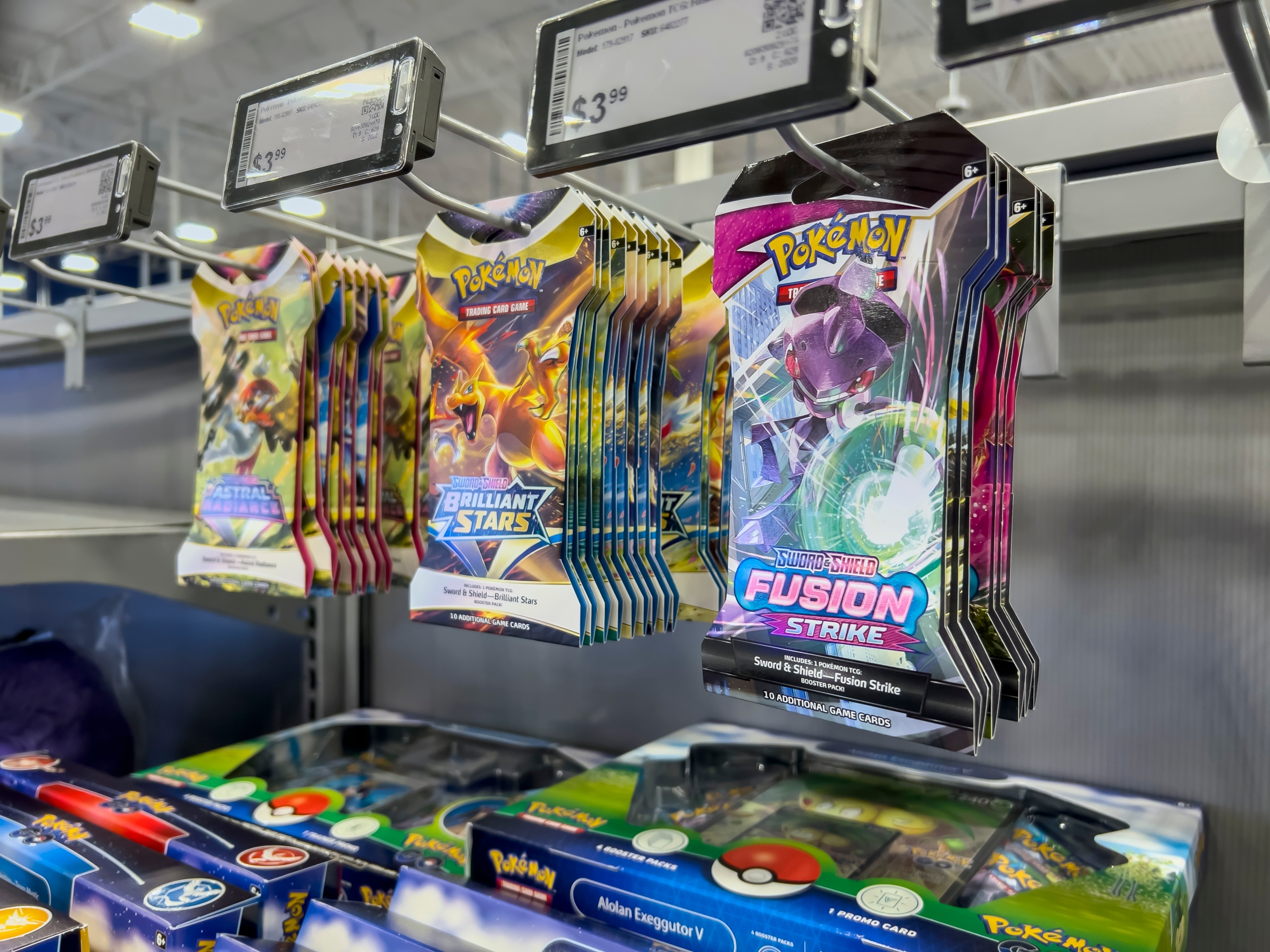 In stock Pokemon booster packs in a shop