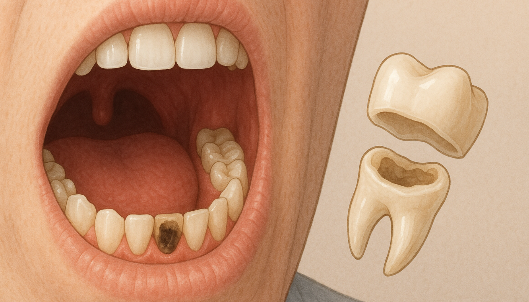 Åpen munn med tannkrone som har falt av, synlig mørk tannflate og avtakbar krone ved siden av tannen.