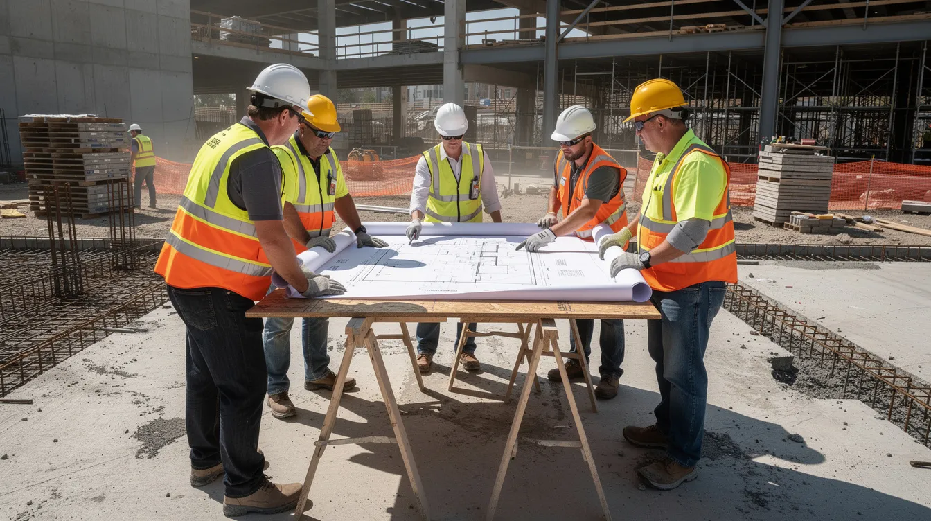 Construction team reviewing plans at a jobsite