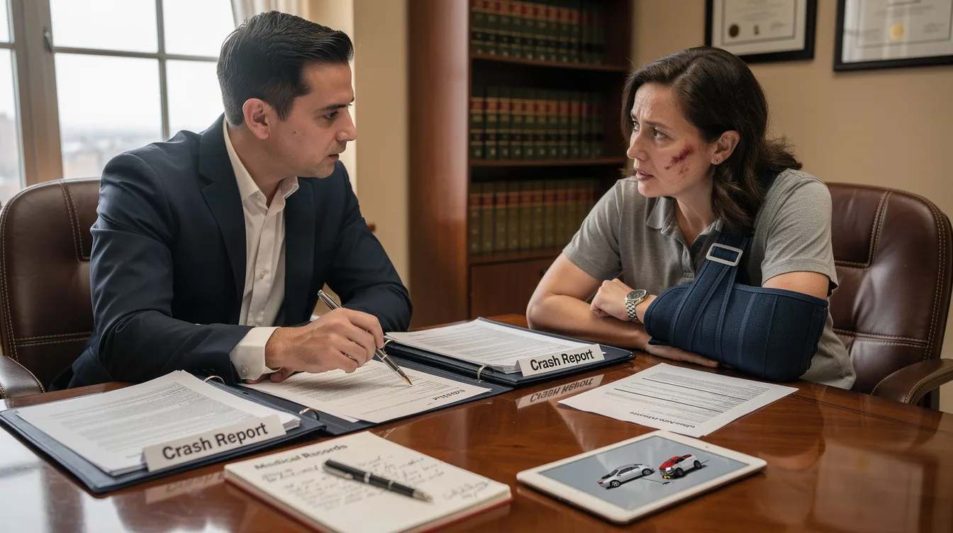 An attorney sits at a table with an injured client, reviewing crash documents and medical records related to a left turn accident. The scene emphasizes the importance of understanding Colorado law and the legal process for seeking compensation for serious injuries sustained in car accidents.