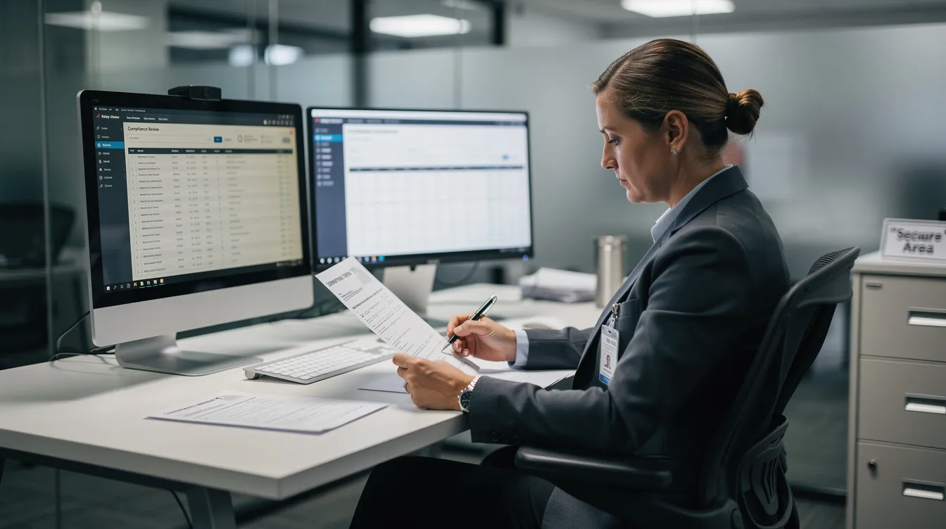 A compliance officer is seated beside a secure workstation, meticulously reviewing documents to ensure adherence to regulations in the forex industry. This scene highlights the importance of compliance tools in maintaining client relationships and operational control within brokerage firms.
