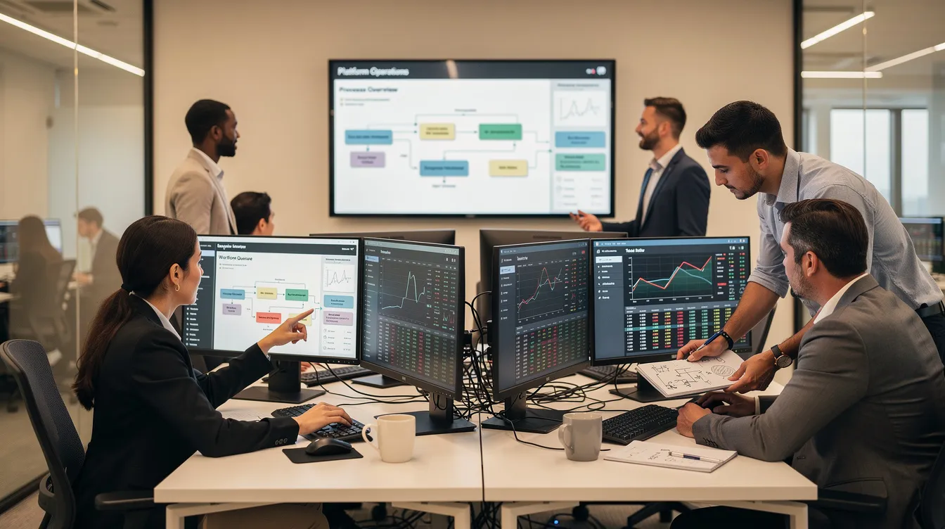 A brokerage operations team is actively reviewing platform workflows displayed on multiple screens, focusing on enhancing client engagement and streamlining operations for their forex brokerage. The team utilizes advanced CRM solutions to ensure compliance and improve client satisfaction while managing trading accounts and client data effectively.