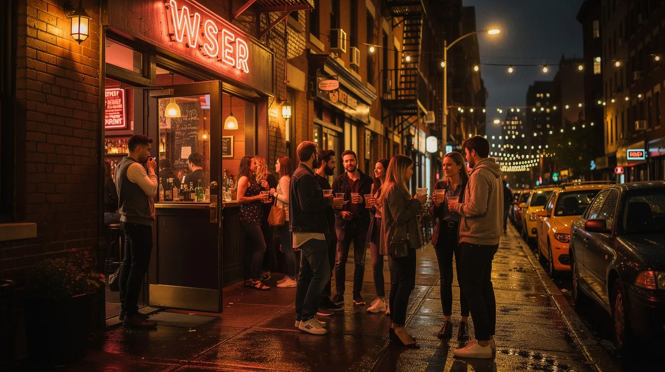 The image captures a lively scene of people gathered outside a cocktail bar in the West Village, NYC, with the vibrant energy of nightlife evident as friends engage in conversation on the sidewalk. The cozy atmosphere is enhanced by the nearby classic cocktails being served and the inviting ambiance of the neighborhood.