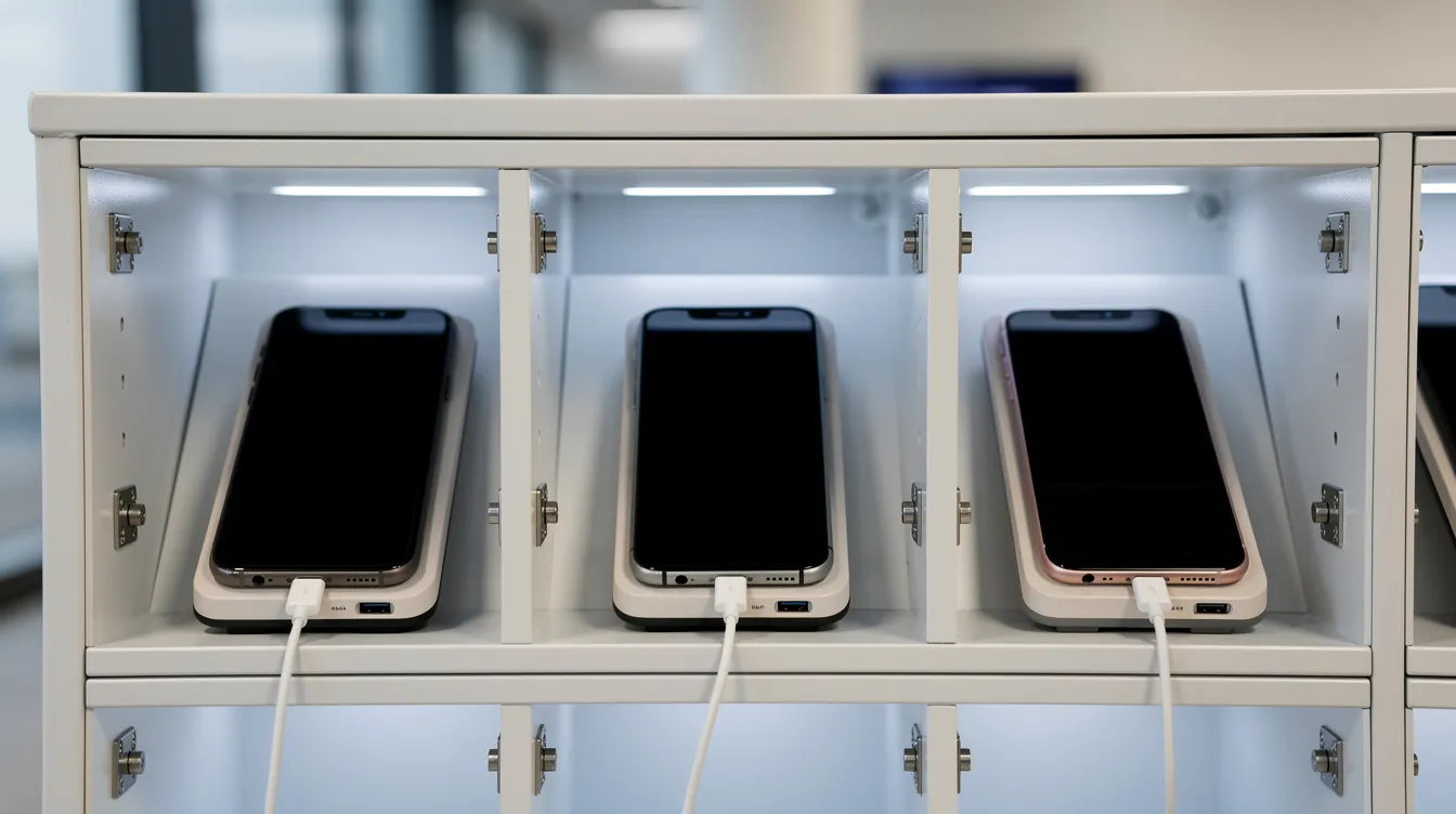 The image features several smartphone devices securely resting inside individual charging locker bays, each connected to charging cables. These cell phone lockers provide a safe storage solution for personal devices in high traffic areas, making them ideal for environments such as healthcare facilities, schools, and gyms.