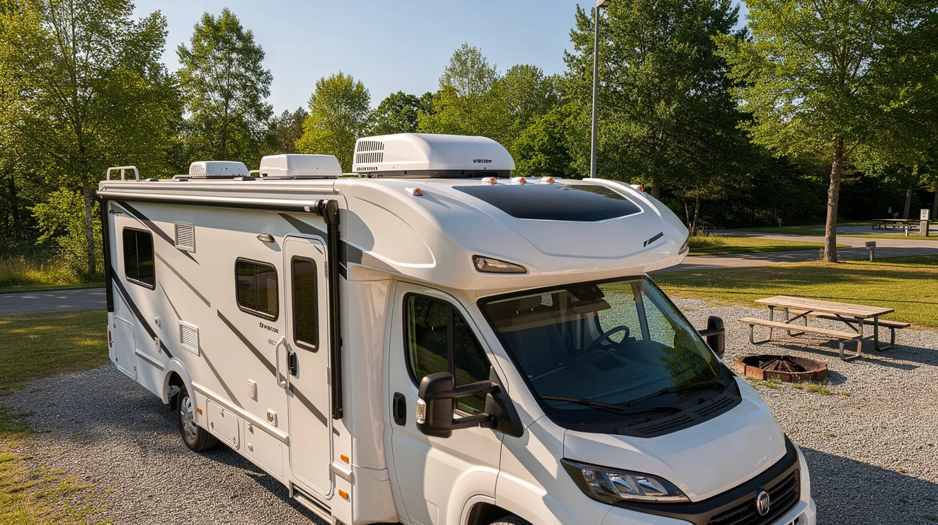 An RV is parked at a sunny campground, showcasing a white rooftop air conditioning unit designed to blow cold air for cooling efficiency. The visible AC unit is essential for maintaining a comfortable interior temperature during warm days.