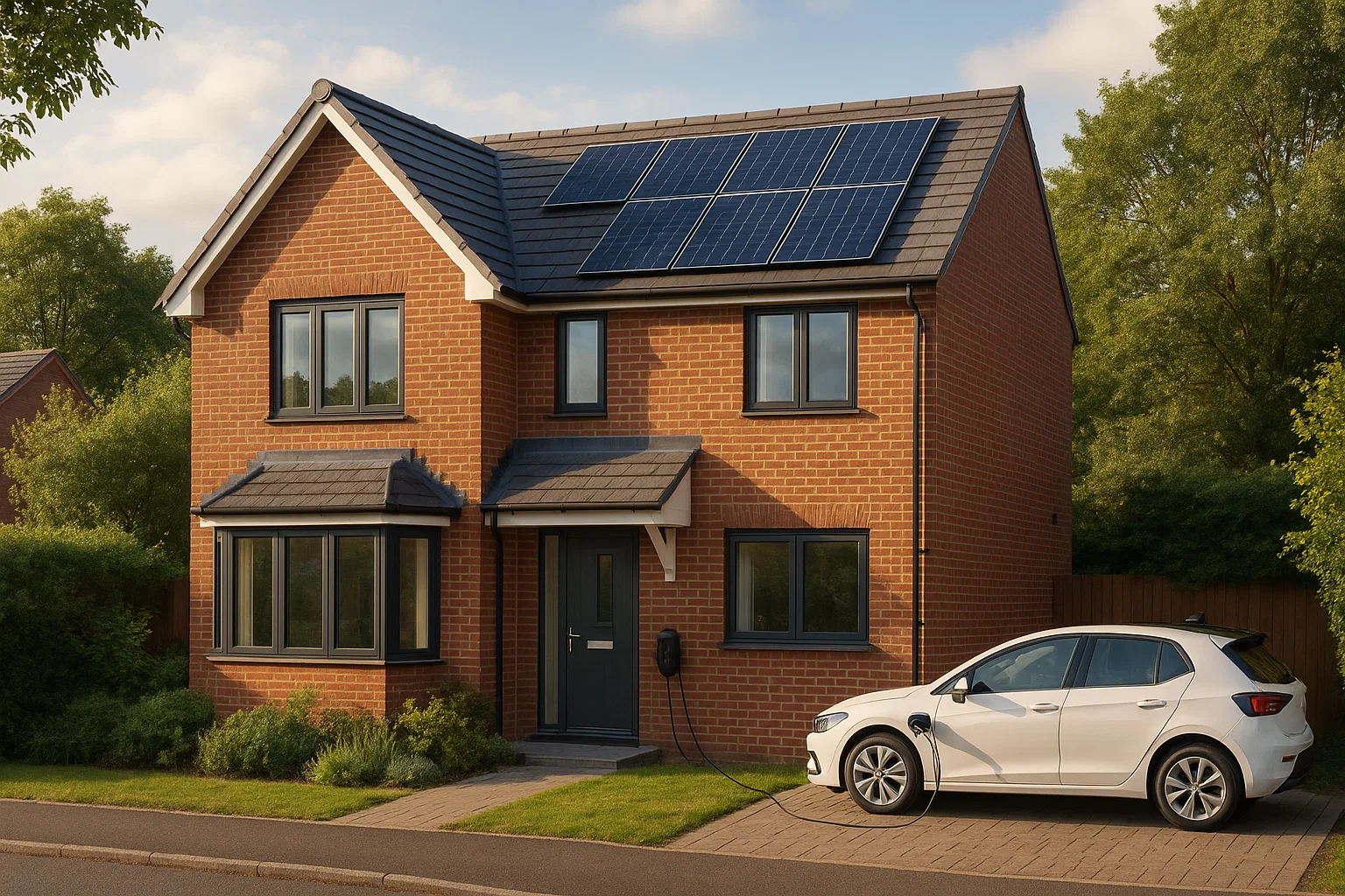 Modern eco-friendly UK home with solar panels and an electric car, representing green mortgages and green loans for energy-efficient upgrades.