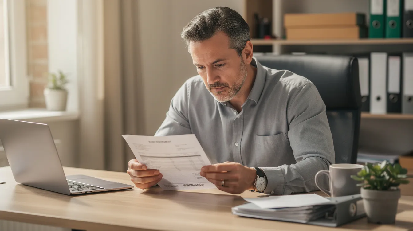 cd2ce67f 8d15 4c81 857c 465523ddcd4c A small business owner is seated at a desk, intently reading a printed bank document related to a loan application, possibly for a PM Mudra loan. The document contains important details about the loan amount, required paperwork, and conditions for successful verification.