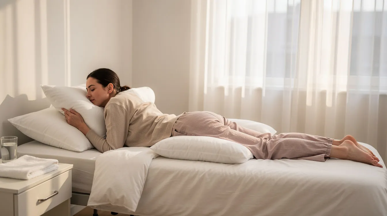 A person is resting comfortably on their stomach, supported by soft pillows, during their recovery from a Brazilian butt lift surgery. They are likely following post-surgical guidelines to minimize direct pressure on the buttocks while managing discomfort and promoting healing.