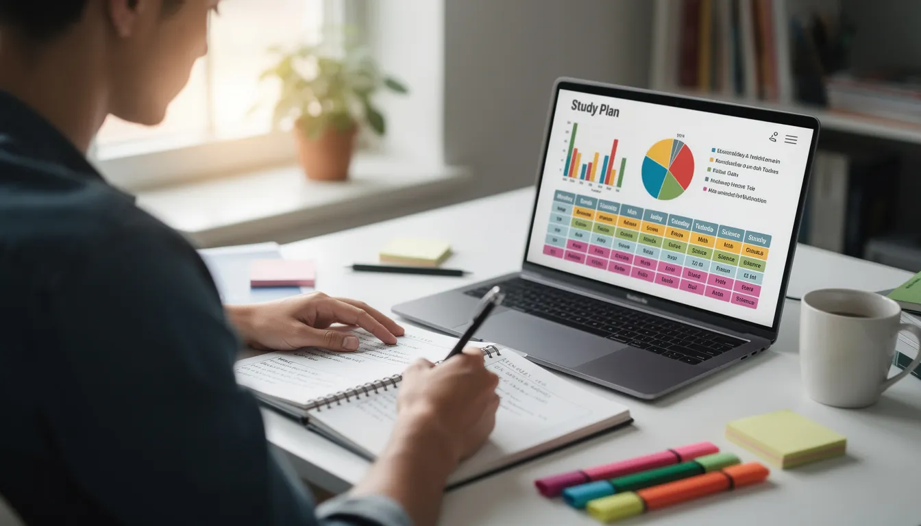The image features a person sitting at a desk with a laptop and a notebook, actively creating a study plan for forex trading. Charts displaying market trends and currency price movements are visible on the laptop screen, illustrating their focus on financial markets and trading strategies.