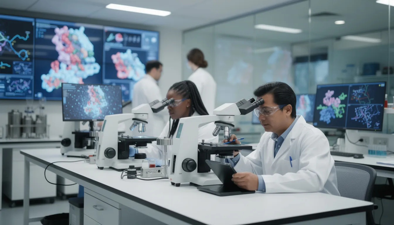 In a modern laboratory, scientists are closely examining protein structures under a microscope, focusing on the role of heat shock proteins (HSPs) in cellular stress response. Their research highlights the benefits of activating heat shock proteins, which are crucial for maintaining protein homeostasis and promoting health benefits such as improved cardiovascular function and immune system support.