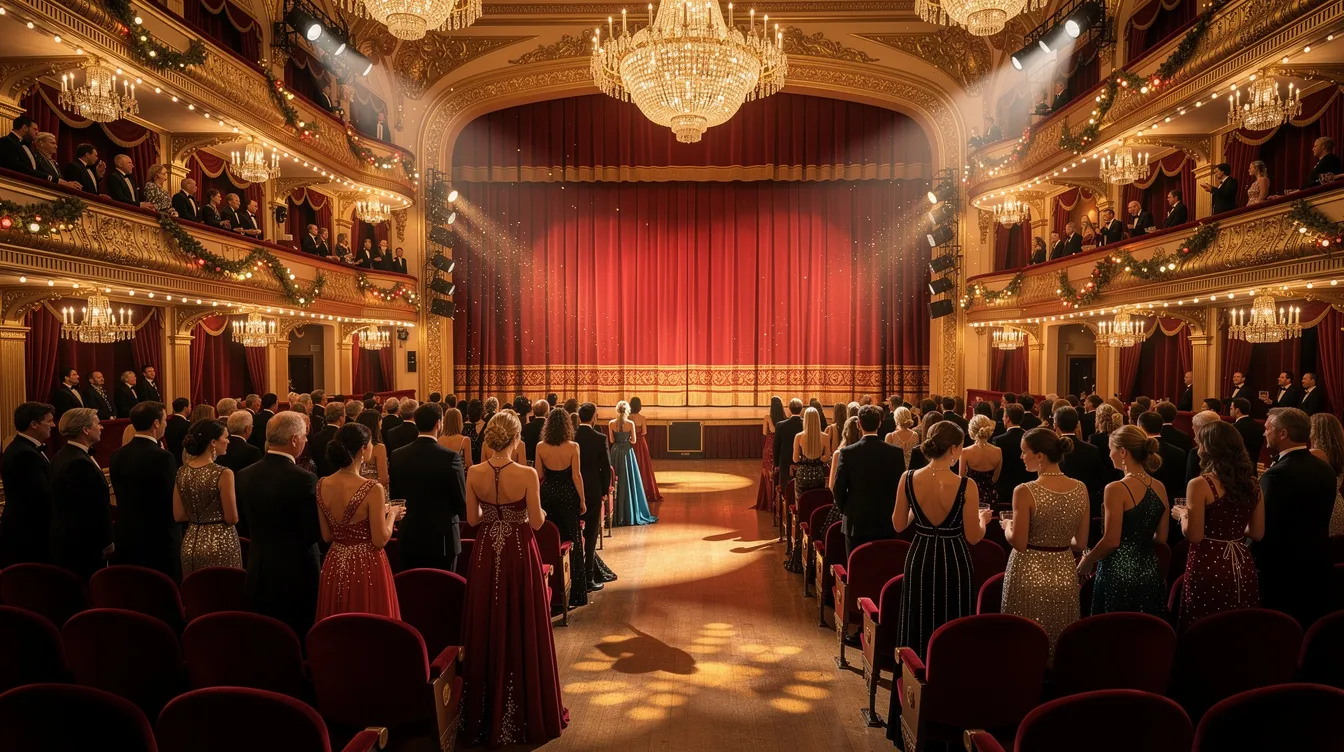 Das Bild zeigt ein festlich beleuchtetes Theater mit einer großen Bühne, auf der eine Veranstaltung stattfindet. Die Zuschauer sind in eleganter Abendkleidung gekleidet und genießen die Atmosphäre, während sie auf die Auslosung der WM 2026 warten.