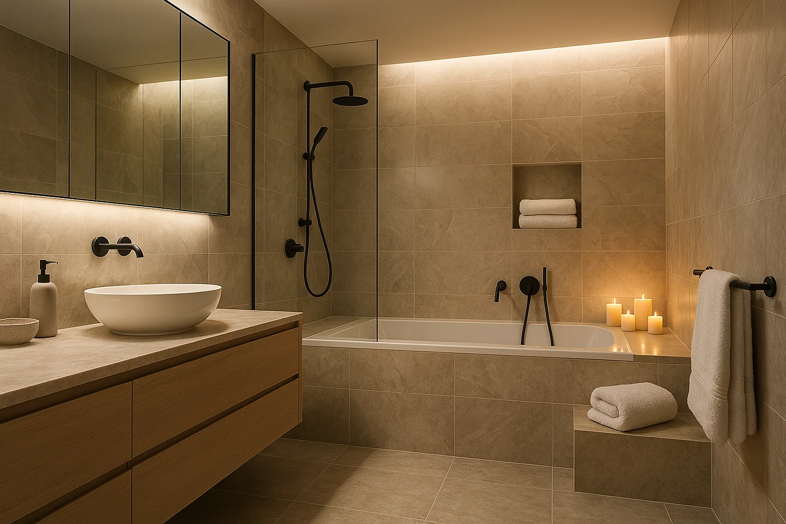 Finished modern bathroom with stone tiles, ambient lighting, and spa-style features like candles and soft towels.