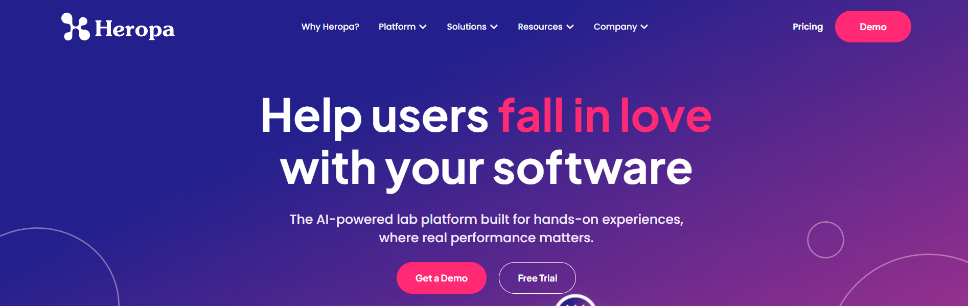 Heropa homepage showcasing an AI-powered virtual lab platform for hands-on software training, customer onboarding, and product demonstrations.