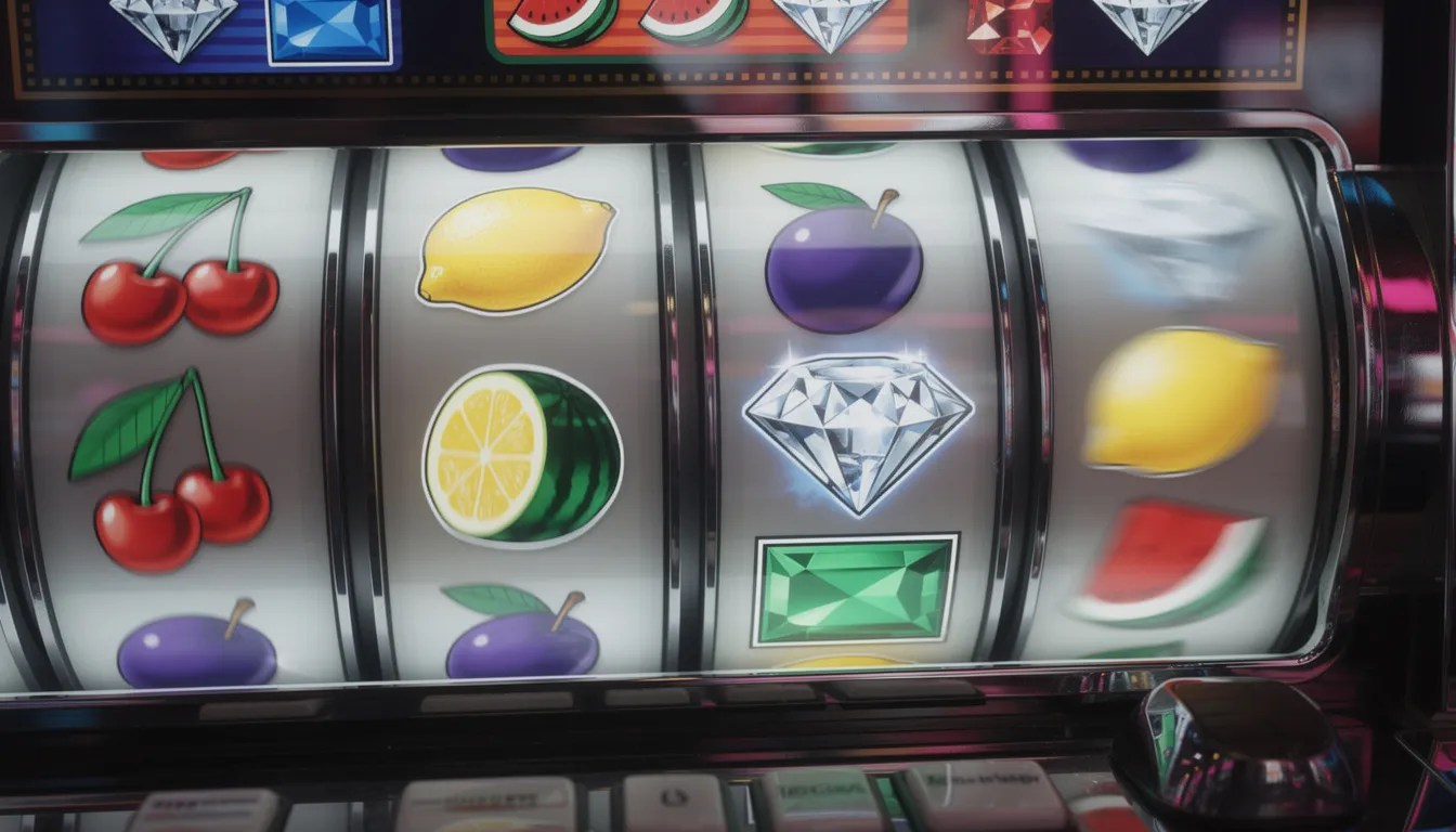 En färgglad spelautomat med snurrande hjul som visar olika fruktsymboler och ädelstenar. Denna typ av spel finns hos Ninja Casino, där nya spelare kan ta del av bonusar och free spins.