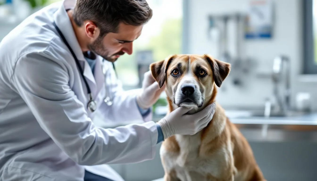 A veterinarian is gently examining a concerned-looking dog in a clinical setting, ensuring the dog