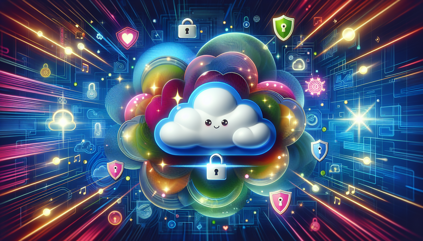 An illustration representing cloud computing security policies, depicting various cloud services and security measures.
