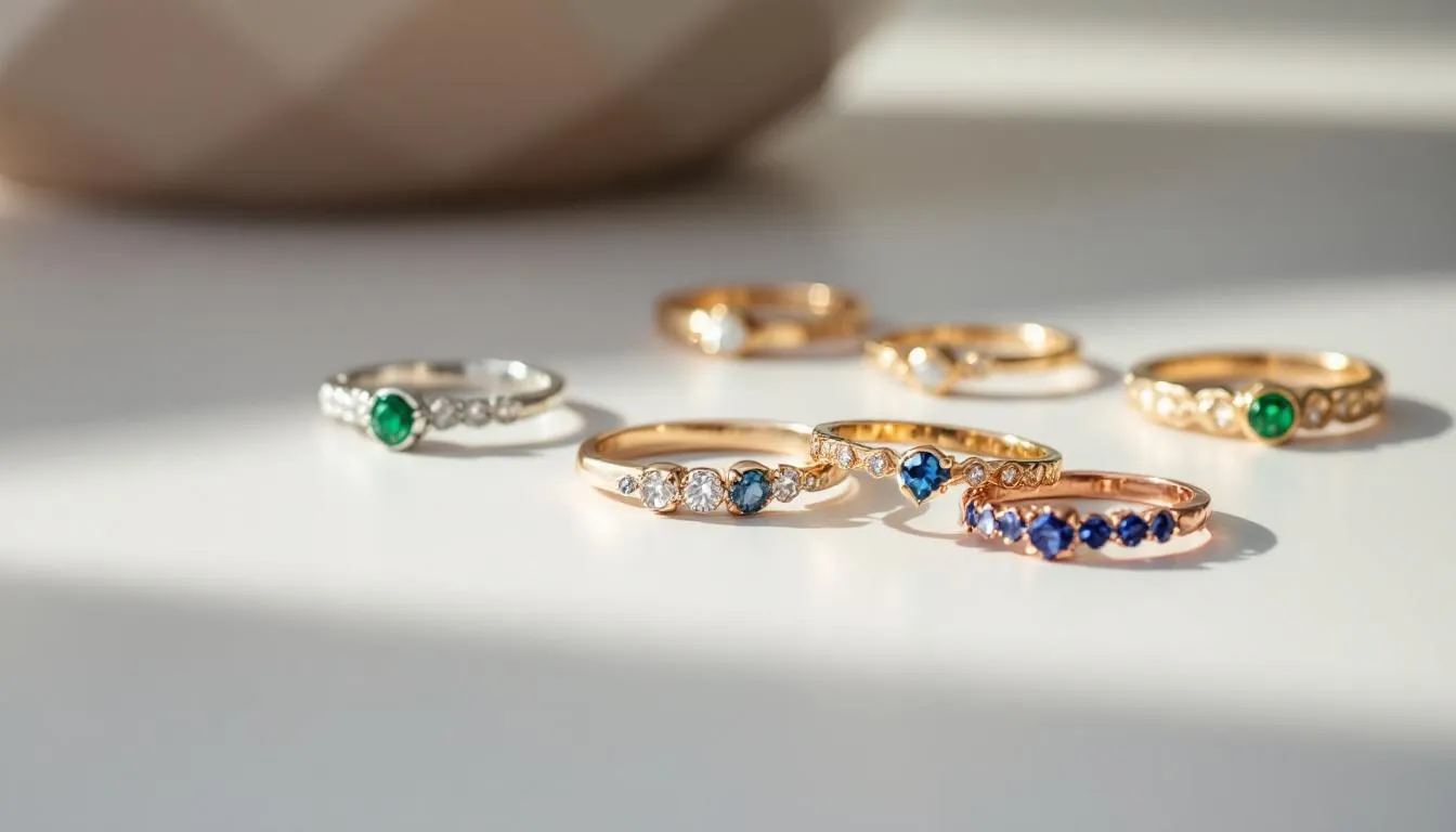 The image features a collection of various serenity rings crafted from different metals, including sterling silver and yellow gold, showcasing unique textures and an array of gemstones. These beautifully designed rings are elegantly arranged on a white surface, highlighting their beauty and the essence of style in jewellery.