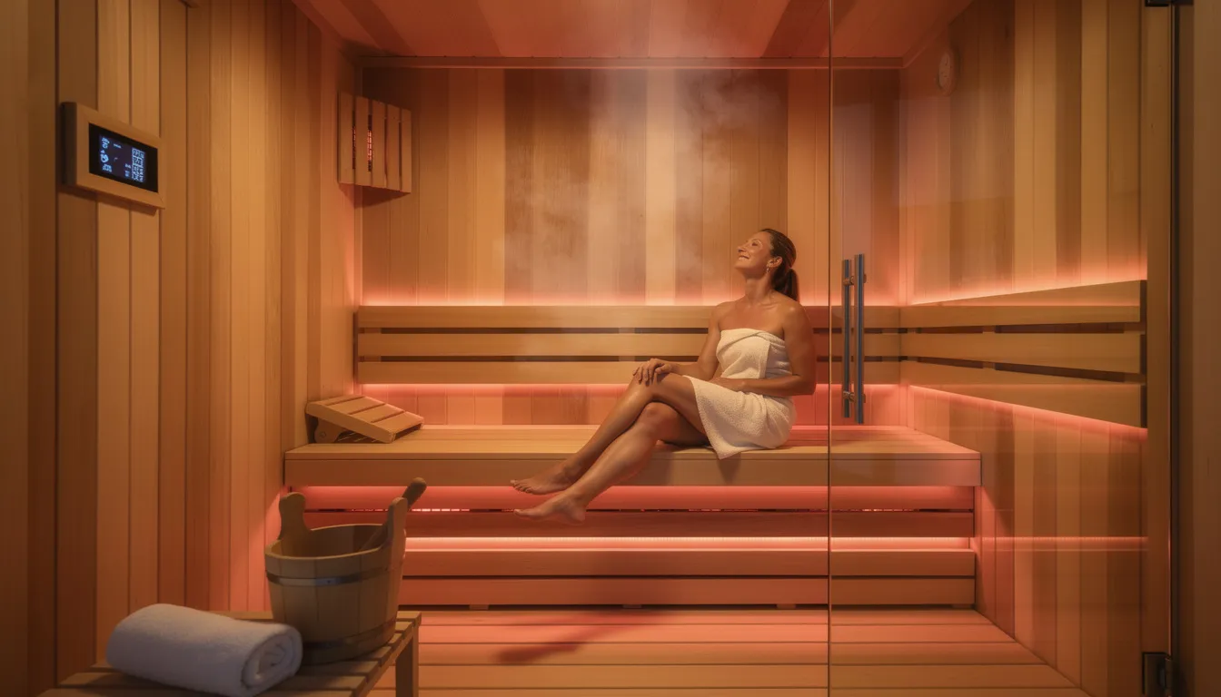 A person is seen relaxing in a modern wooden infrared sauna cabin, illuminated by soft ambient lighting that enhances the tranquil atmosphere. This full spectrum infrared sauna offers a comfortable experience, promoting relaxation and health benefits such as muscle recovery and detoxification.