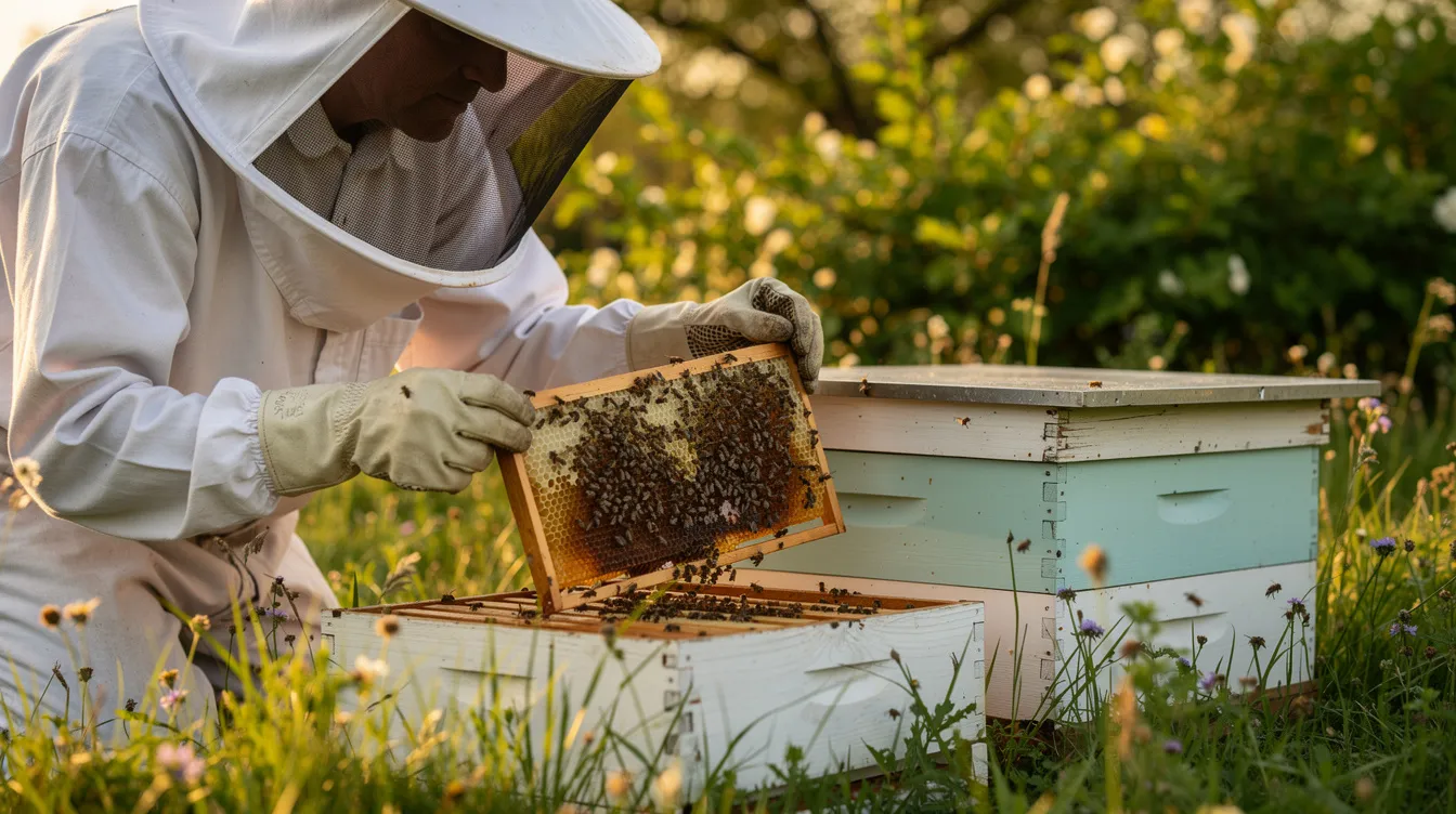 A close-up view of a beekeeper carefully inspecting bee boxes surrounded by lush greenery, highlighting the potential for agro-based business ideas in the north eastern region of India. This scene emphasizes the importance of local markets and innovative ideas for aspiring entrepreneurs in the field of organic farming and bee-related ventures.