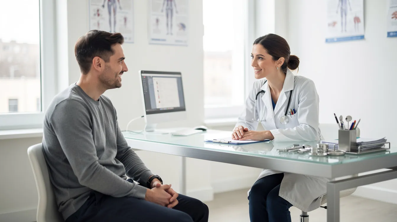 The image depicts a man engaged in a friendly consultation with a healthcare professional in a modern clinic, discussing topics related to male sexual health and potential treatments for erectile dysfunction. The setting suggests a focus on improving sexual performance through various options, including male enhancement pills and prescription medications.