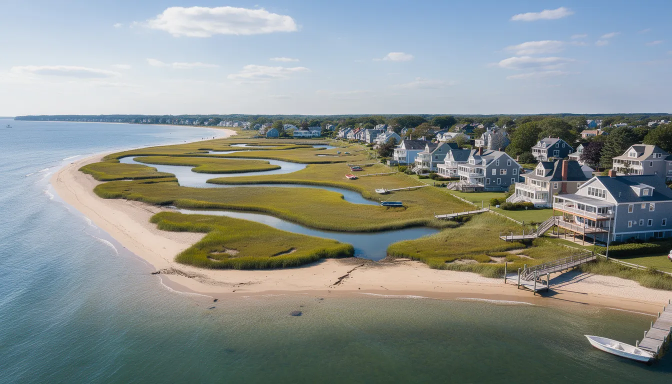 An aerial view of the Connecticut shoreline captures the beauty of sandy beaches, lush marshland, and charming waterfront homes under a bright blue sky. This picturesque scene highlights the desirable locations in Madison and Old Saybrook, showcasing the potential for buying and selling real estate in CT with confidence.