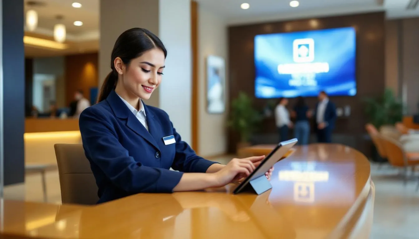 A hotel staff member is standing at the front desk, using a tablet to manage reservations and oversee the booking process efficiently. The tablet displays information related to the hotel reservation system, allowing the staff to handle guest details and room availability seamlessly.