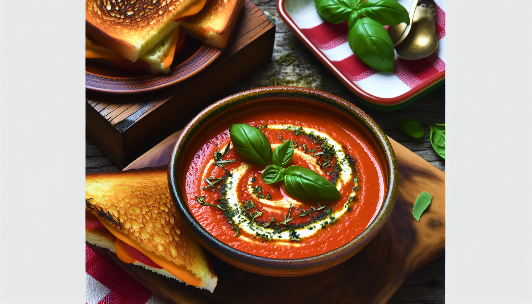 Delicious roasted tomato basil soup with grilled cheese
