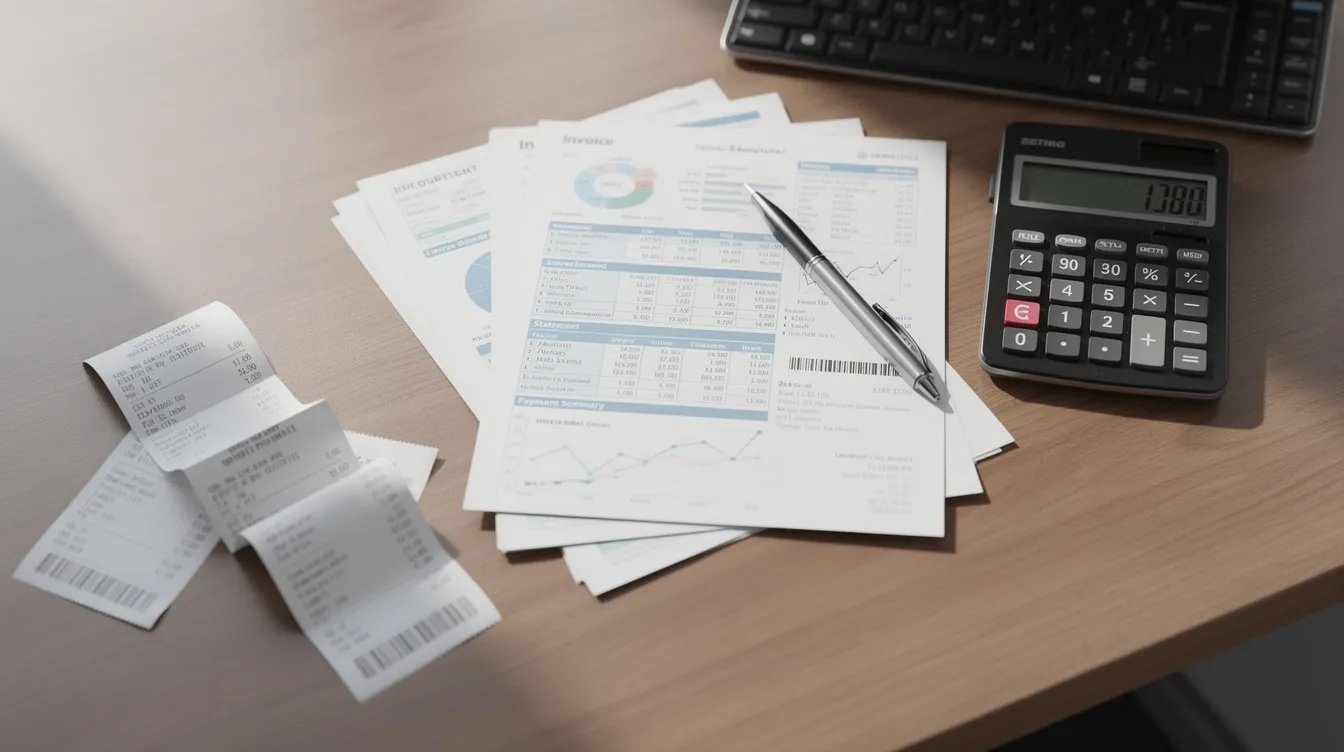 The image shows a cluttered office desk featuring financial documents, a calculator, and payment receipts, highlighting the billing process involved in dental and medical services. This scene emphasizes the importance of managing insurance claims and understanding coverage for patients in dental practices.