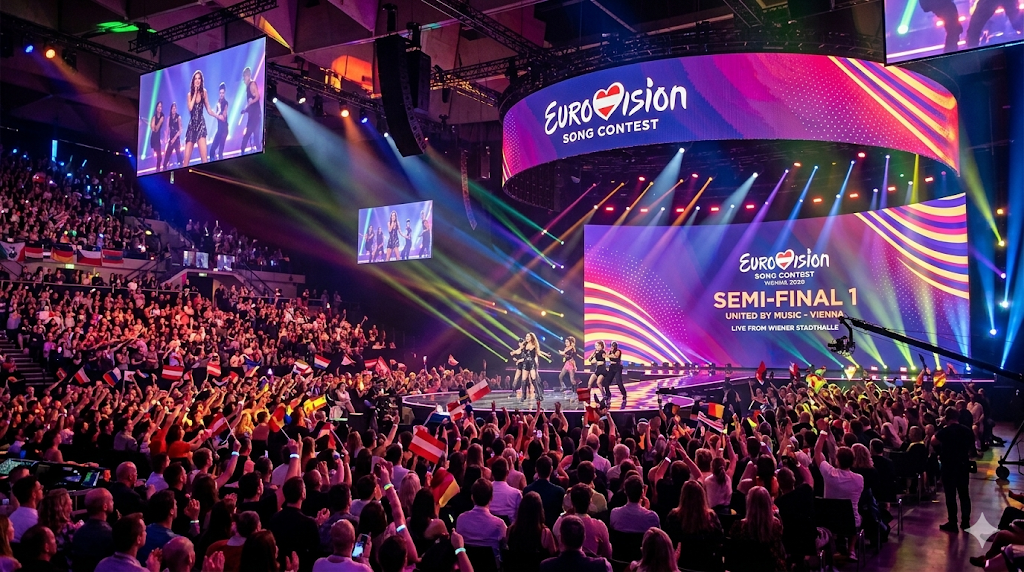 Eurovision Song Contest semifinal i fullsatt arena med publik, scen och artister – eurovision odds och favoriter inför finalen.
