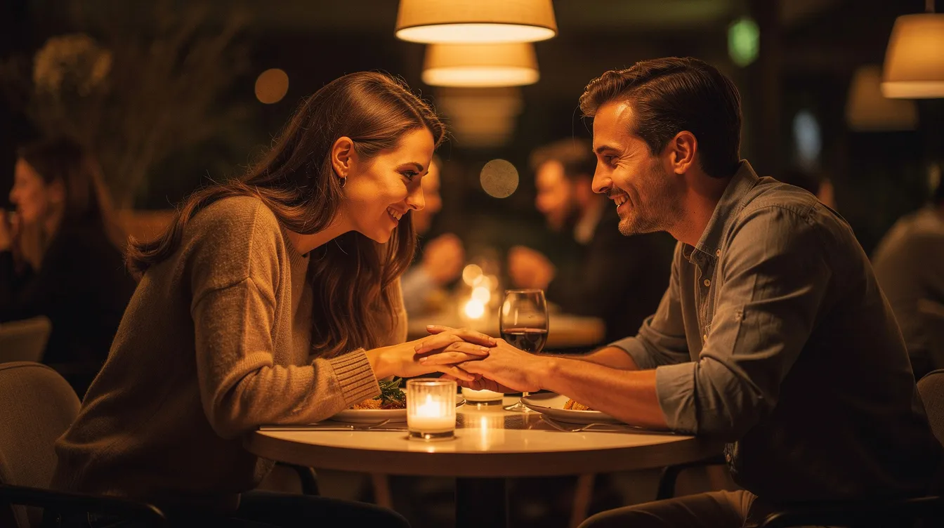 A couple sits closely together at a candlelit table, sharing personal thoughts and engaging in open and honest communication, creating a deep bond filled with emotional intimacy. Their warm smiles and gentle touches convey a strong connection, as they feel safe to express their emotions and dreams for the future.
