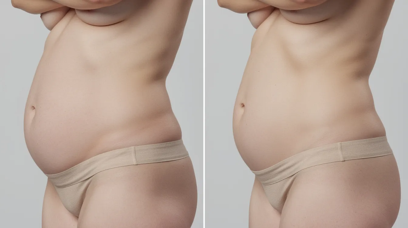 This before-and-after image showcases an adult abdomen and flank area, highlighting a smoother contour achieved through non-surgical fat reduction treatments. The transformation illustrates the successful elimination of stubborn fat cells, resulting in a more toned appearance.