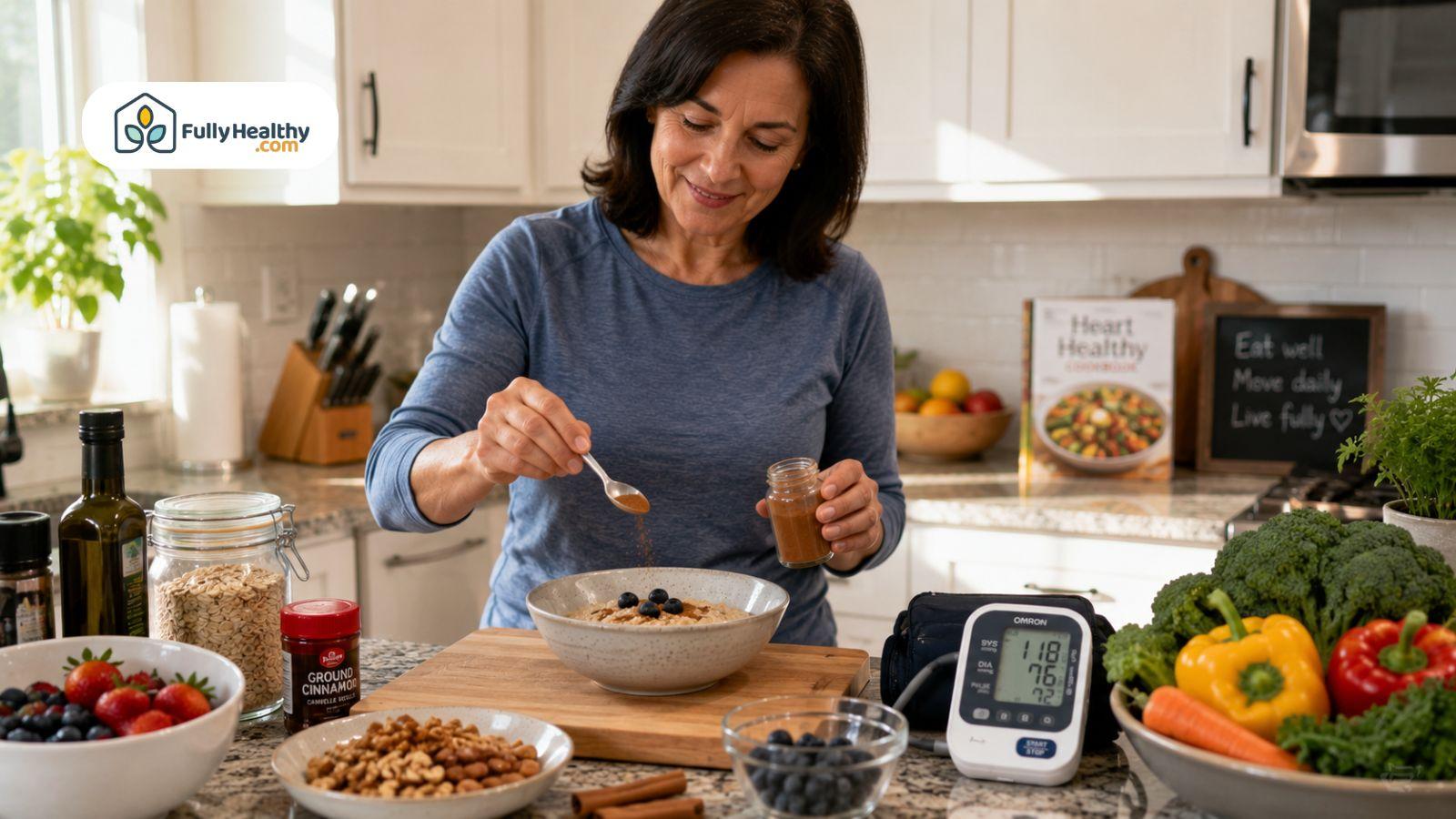 Woman adding ground cinnamon to oatmeal beside healthy foods and blood pressure monitor