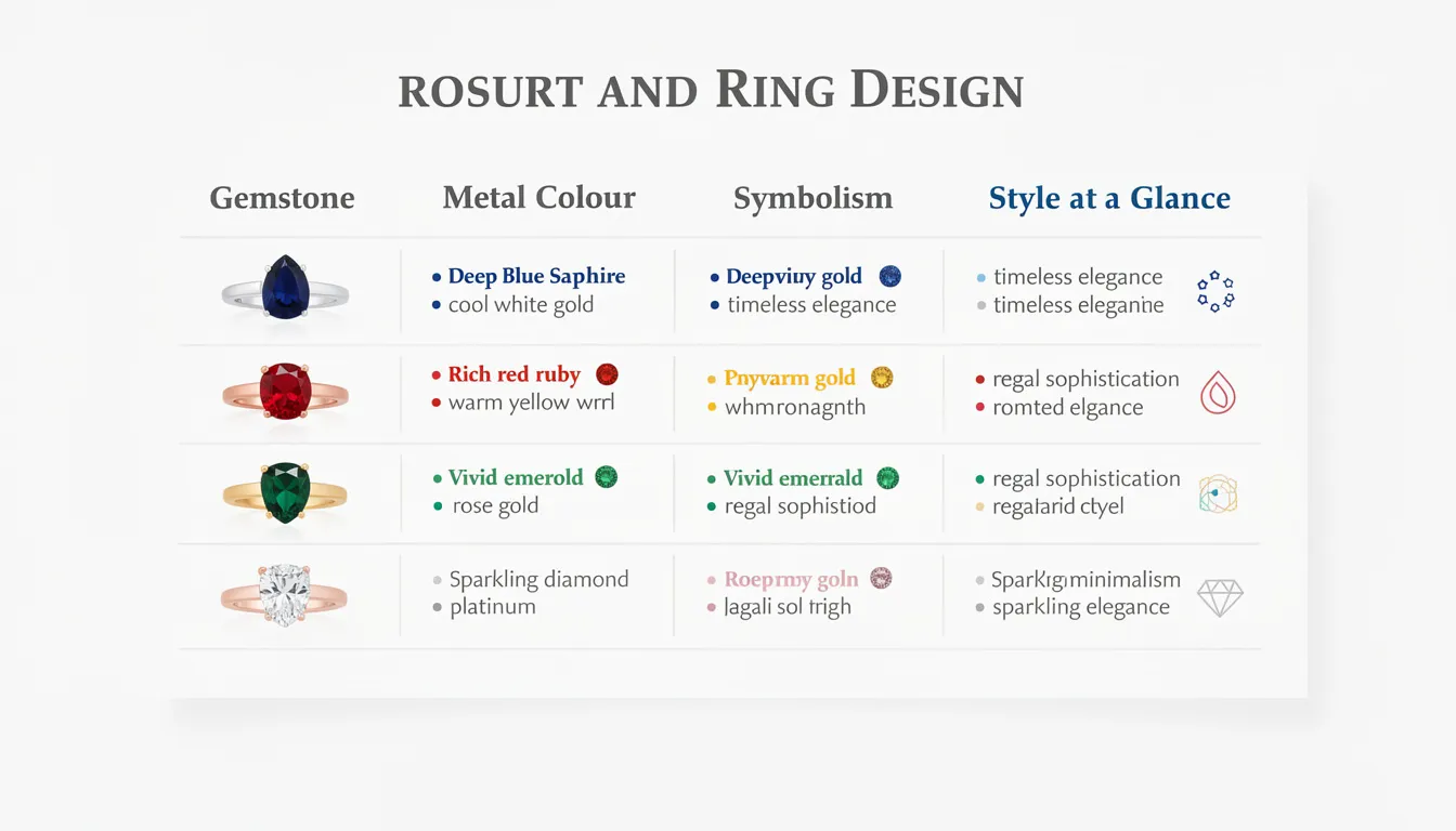 The image displays a table comparing various gemstone and metal color pairings for engagement rings, highlighting popular choices such as blue topaz with white gold and ruby rings with yellow gold. Each pairing is noted for its unique symbolism and style, emphasizing the elegance and beauty of coloured gemstone rings in fine jewellery.
