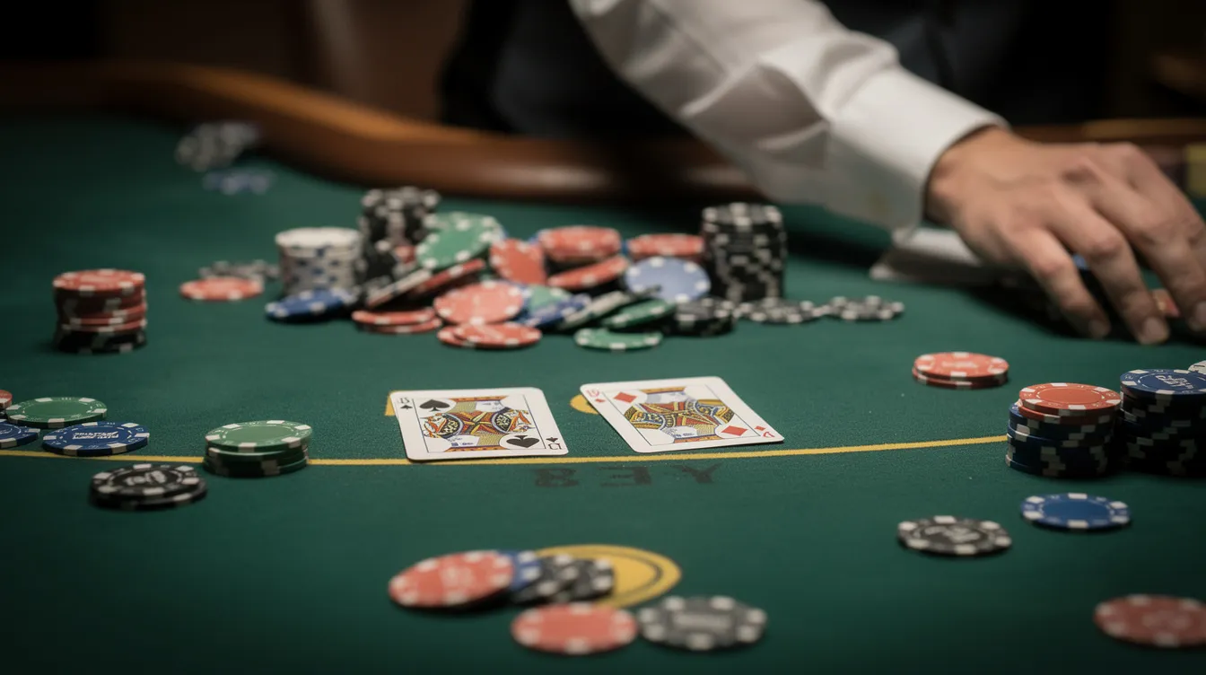 Eine Nahaufnahme eines grünen Pokertisches zeigt verstreute Chips und zwei aufgedeckte Spielkarten, während die Hände eines Dealers die Karten präsentieren. Diese Szene vermittelt das Gefühl von Geselligkeit und Spannung, die man in Spielbanken oder Online-Casinos erlebt.