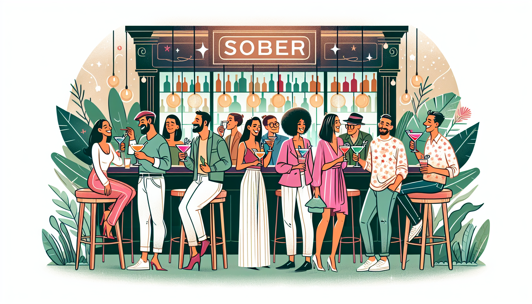Illustration of a diverse group enjoying drinks at a sober bar in San Diego