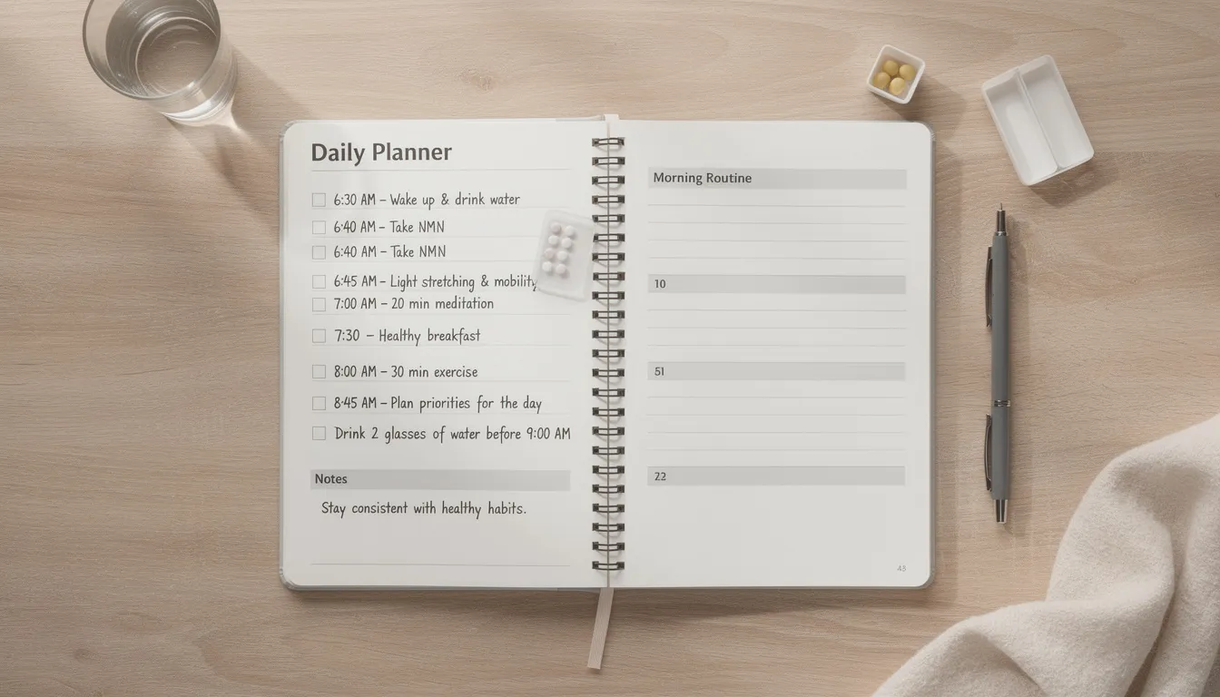 The image depicts a daily planner page filled with a structured morning routine, highlighting the timing for taking NMN supplements to boost energy and support healthy aging. It includes notes on healthy habits and optimal NMN dosage for enhanced cellular health and energy production.