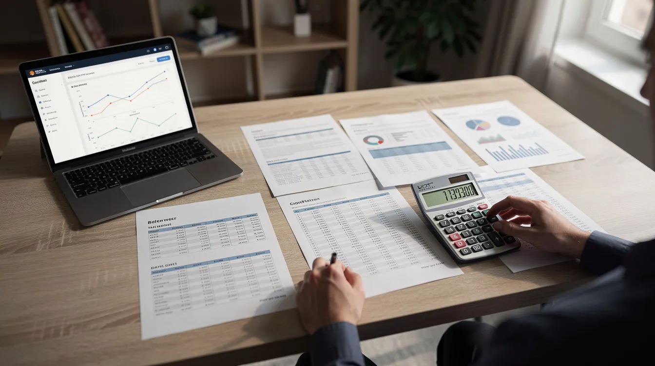 A person is focused on studying financial documents at a desk, surrounded by a calculator and a laptop, which suggests they may be reviewing loan options or preparing a loan application. This scene is relevant for public servants and professionals, as it highlights the importance of understanding terms like APR, repayment period, and loan amounts in the context of personal loans.