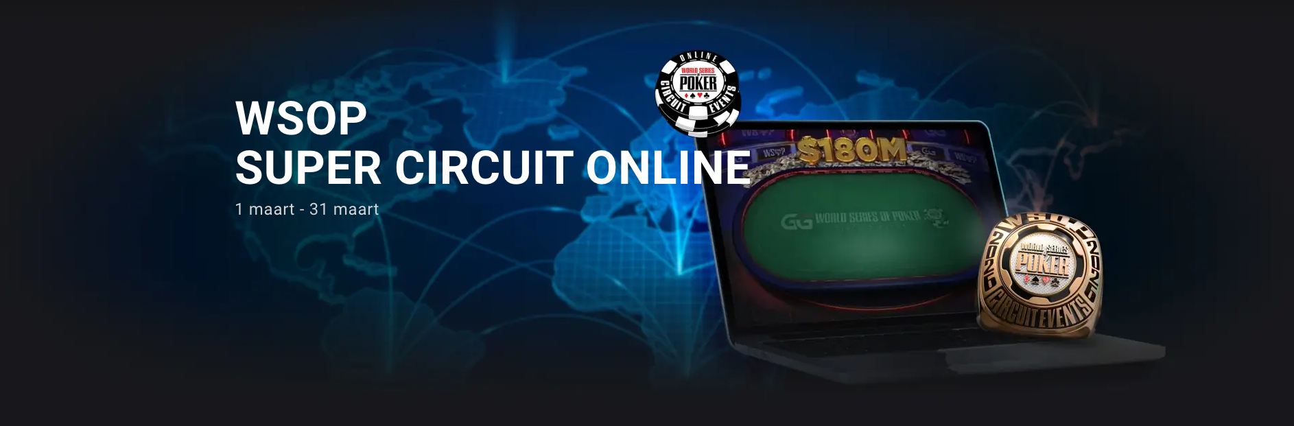 Promotie voor WSOP Super Circuit Online op GGPoker Nederland, een groot online poker toernooi waar spelers verschillende pokervarianten kunnen spelen en strijden om grote prijzen.