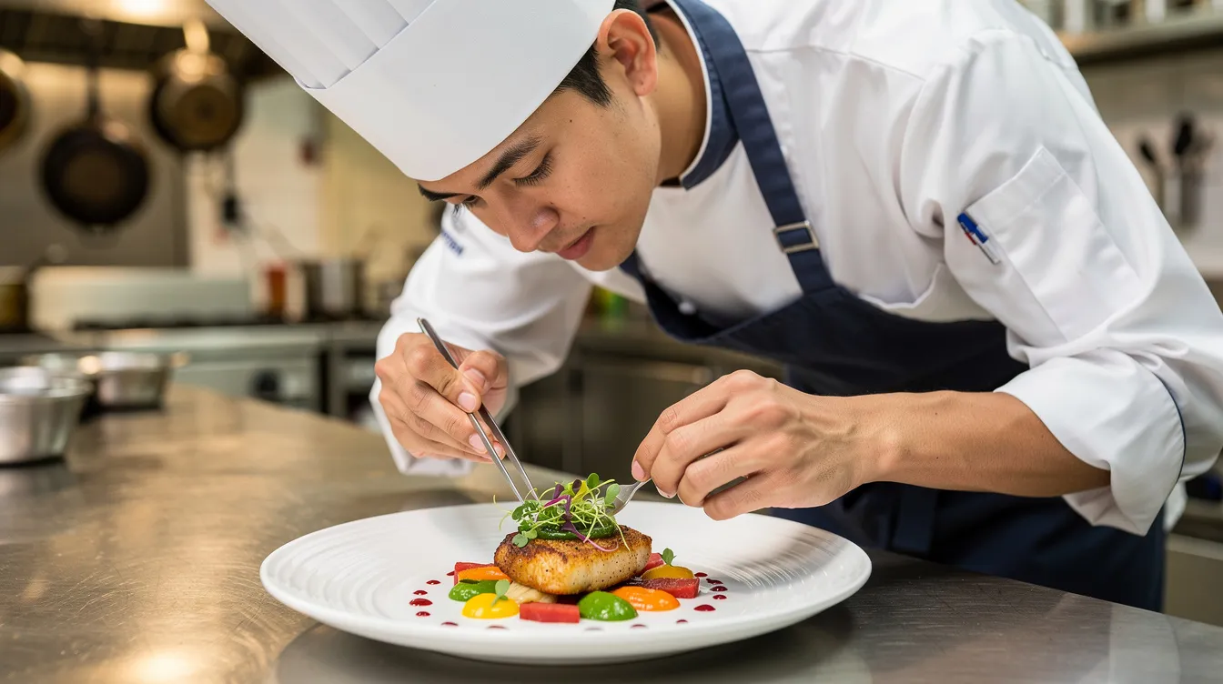A restaurant chef is meticulously plating a vibrant and colorful dish in a professional kitchen, showcasing the food quality and attention to detail that contribute to the restaurant's positive reputation. This careful presentation is essential for managing online reviews and enhancing customer satisfaction in the competitive restaurant industry.