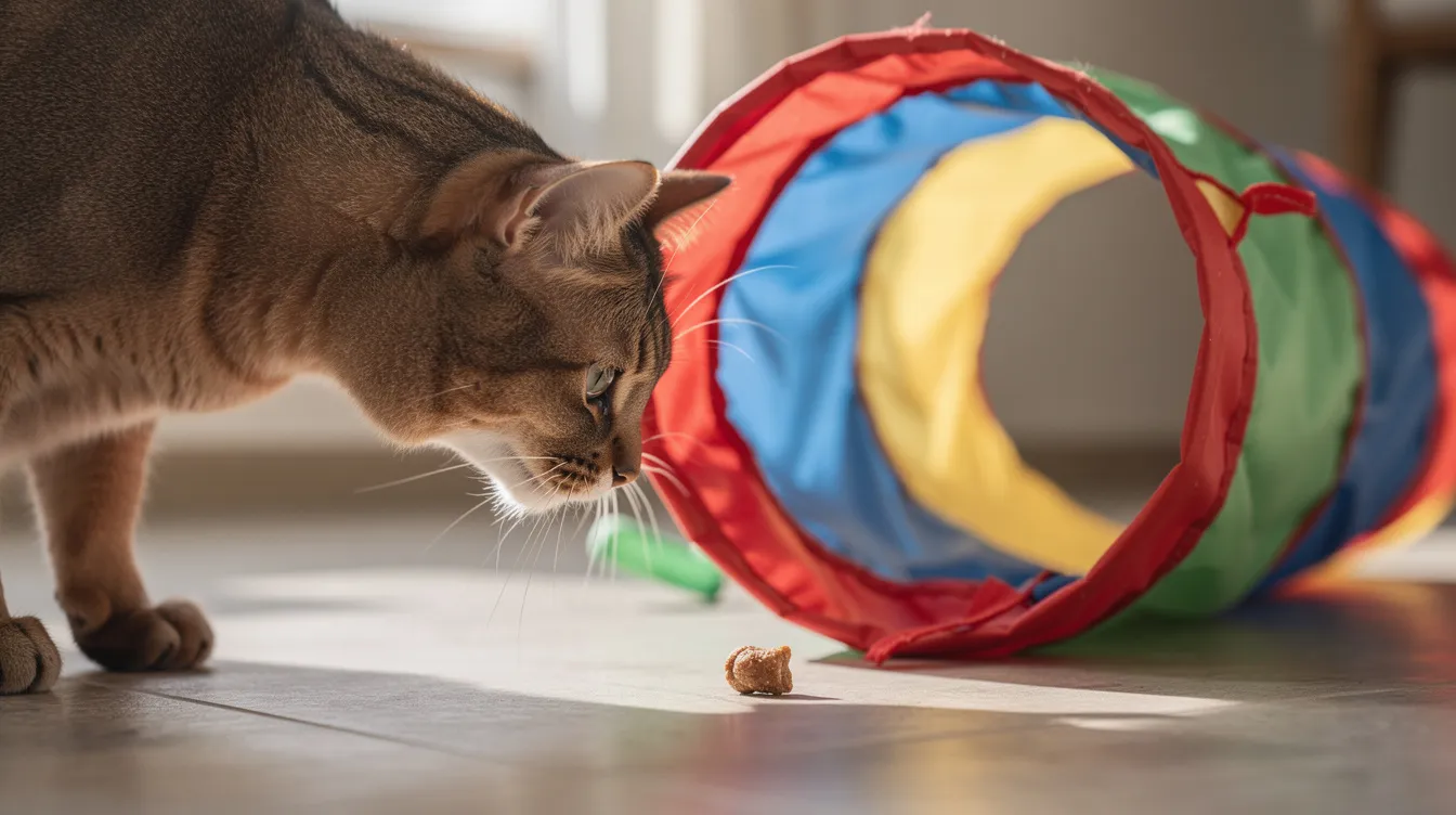 A cautious cat is sniffing the entrance of a colorful cat tunnel, with a tempting treat placed nearby to encourage exploration. This interactive cat toy provides a safe space for indoor cats to play and feel protected while they explore their environment.