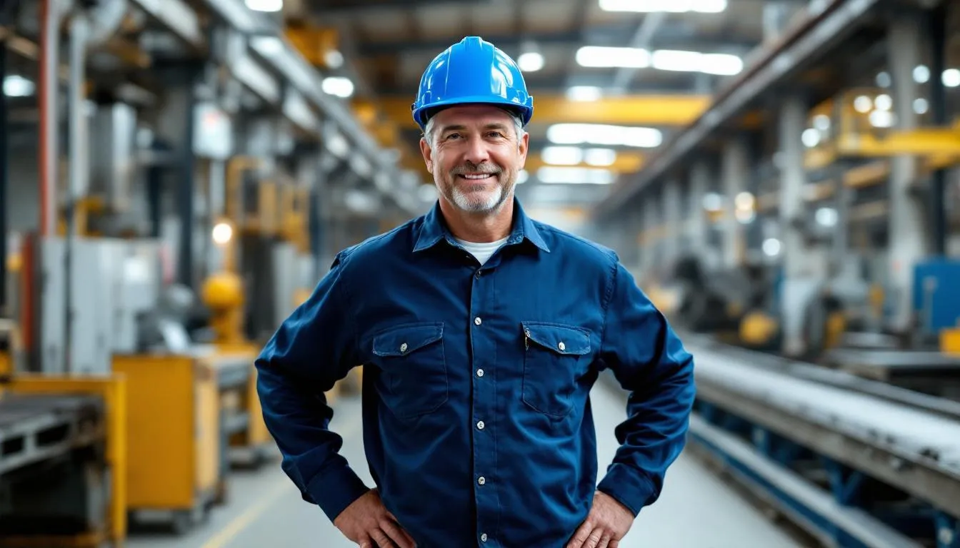 A confident metal manufacturing business owner stands on the factory floor wearing a hard hat, overseeing operations with a sense of success. The atmosphere reflects a capital-intensive industry where skilled labor and machinery are key to maintaining stable cash flow and net profits.