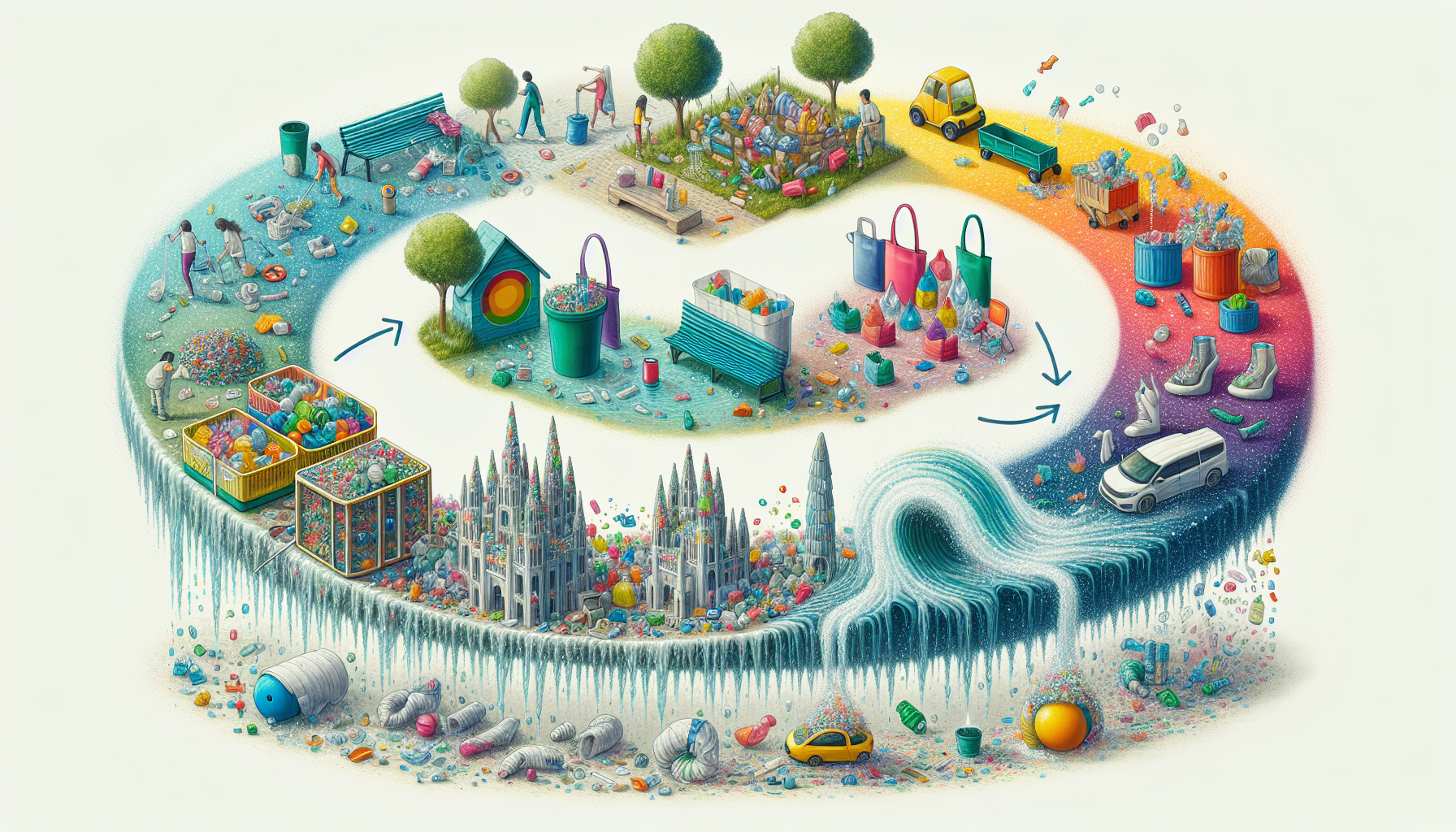 Artistic representation of the lifecycle of upcycled plastics