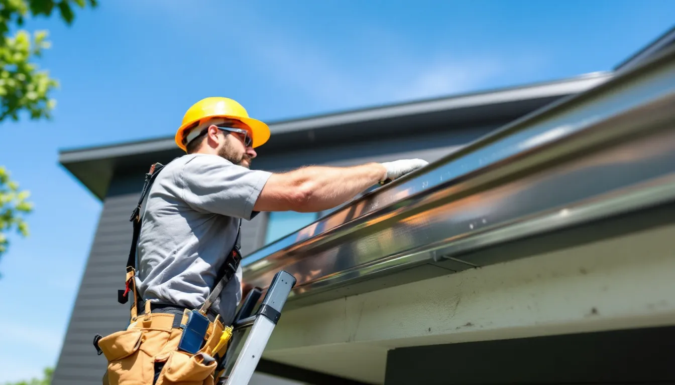 A person installing gutter guards on a house.