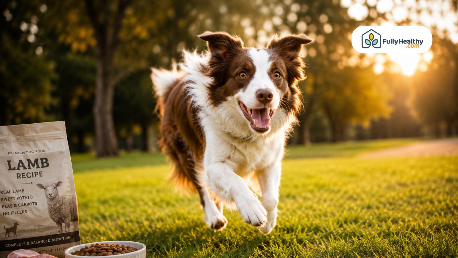 Active Border Collie near lamb recipe dog food outdoors