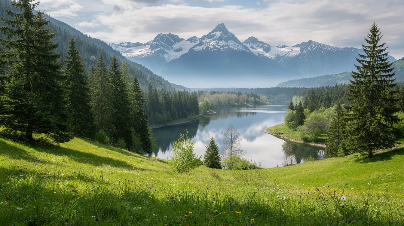 The image depicts a vibrant landscape of Washington state, featuring lush green hills, towering evergreen trees, and majestic mountains in the background. This serene natural setting reflects the beauty of the region, where discussions about cannabis law, including the legality of delta 8 THC and other hemp-derived products, are prevalent among local communities.