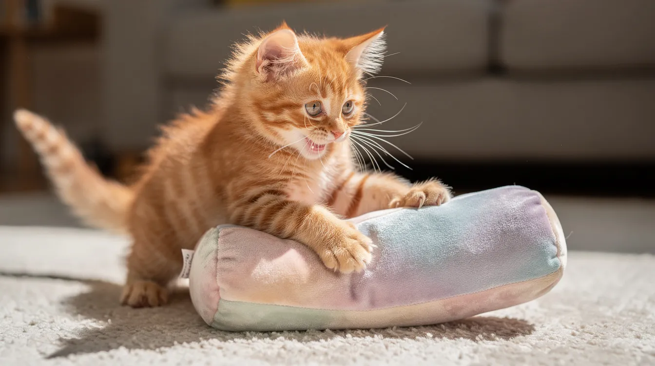 A playful orange kitten is captured mid-bunny-kick, with its hind legs wrapped around a soft cylindrical kicker toy on a light-colored carpet. The kitten's front paws are playfully batting at the plush toy, showcasing its natural instinct to engage with cat toys.