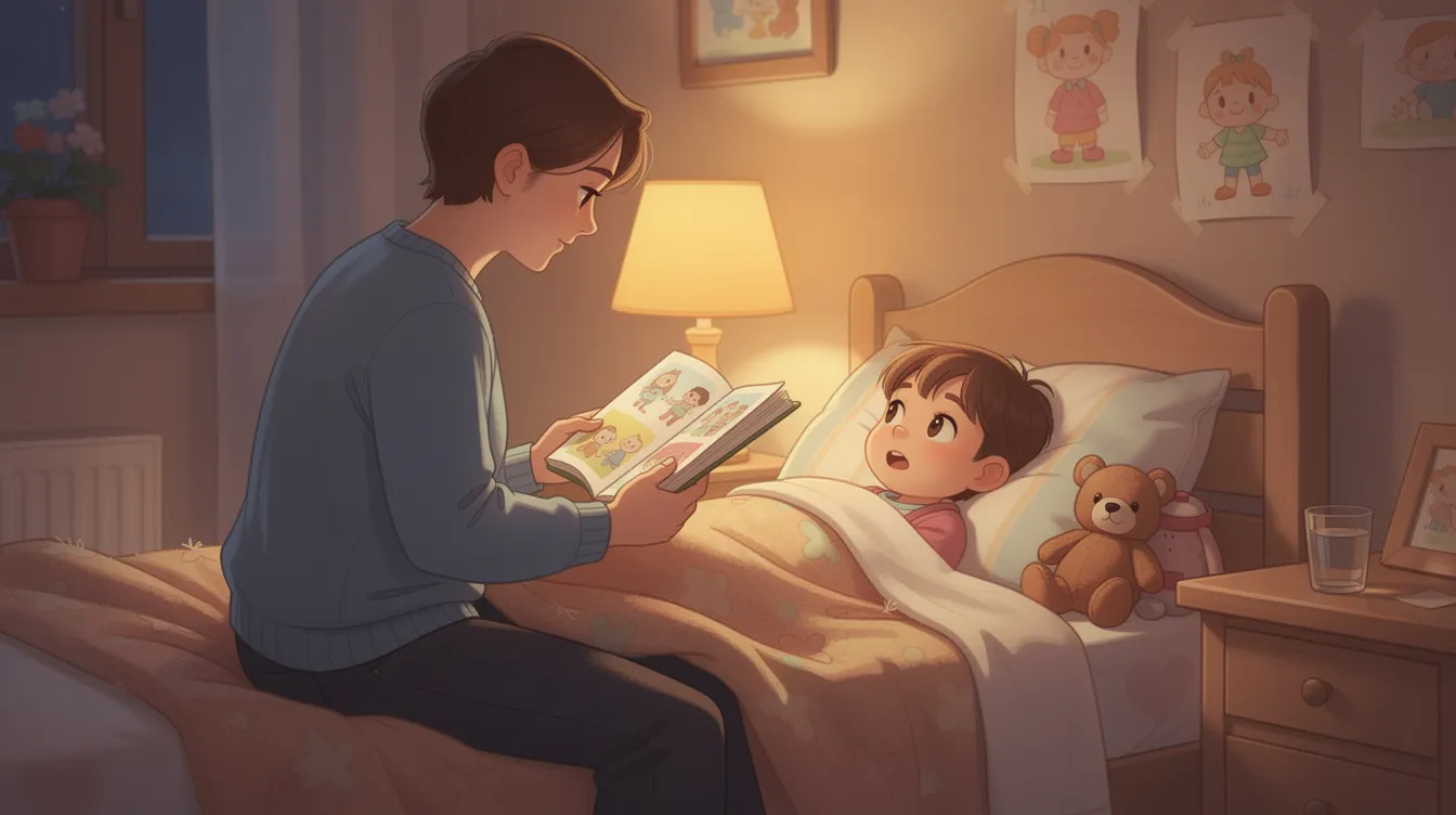 A parent sits beside their child&rsquo;s bed, reading a storybook to help them fall asleep. This nurturing bedtime routine can improve sleep quality and address common sleep issues, especially for children who may experience sleep disturbances related to ADHD symptoms.