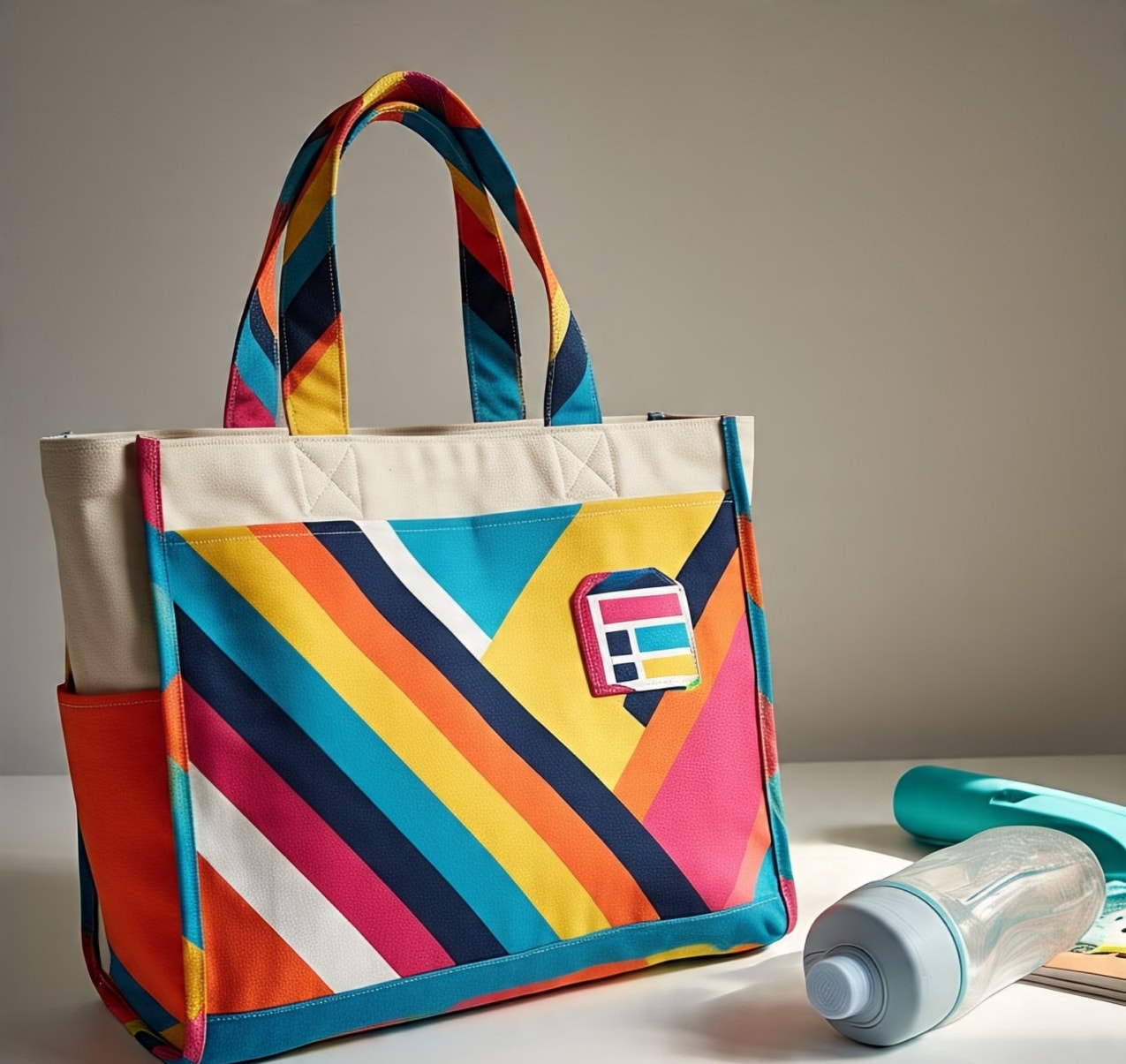 A multicolored patterned tote bag placed on a table, with a light blue water bottle set beside it.